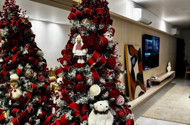 Árvore de Natal com bolas e enfeites bem distribuídos